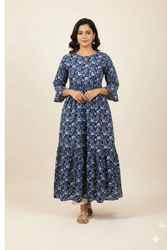 Cotton Indigo Blue Floral Print Tiered Gown with Pockets