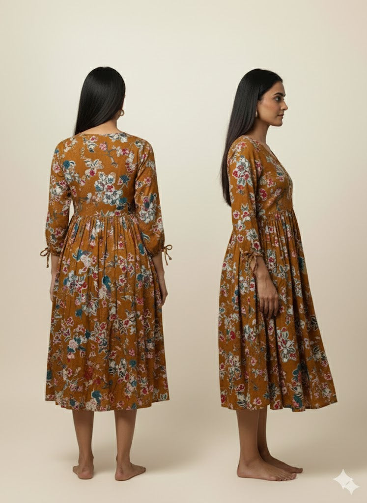 Pure Cotton Mustard Yellow Vintage Floral Gown with Pockets