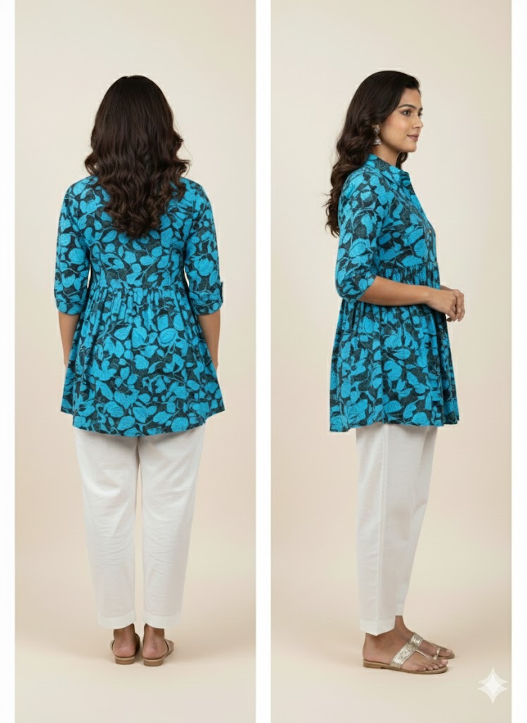 Pure Cotton Teal & Black Botanical Print Short Tunic Top