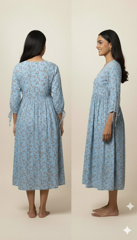 Pure Cotton Sky Blue Floral Print V-Neck Gown with Pockets