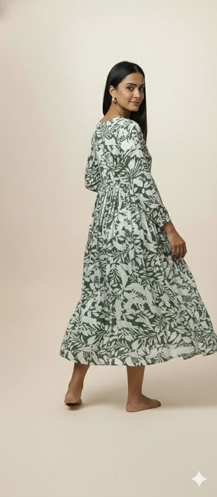 Pure Cotton Forest Green Leaf Print Gathered Gown with Pockets