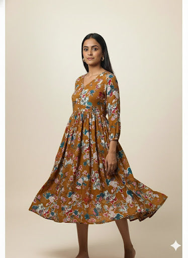 Pure Cotton Mustard Yellow Vintage Floral Gown with Pockets