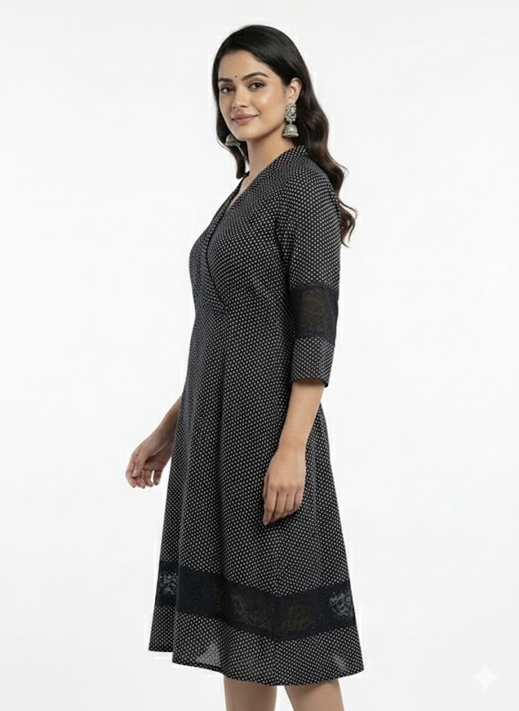 Cotton Black Block-Print Tiered Maxi Gown with Pockets