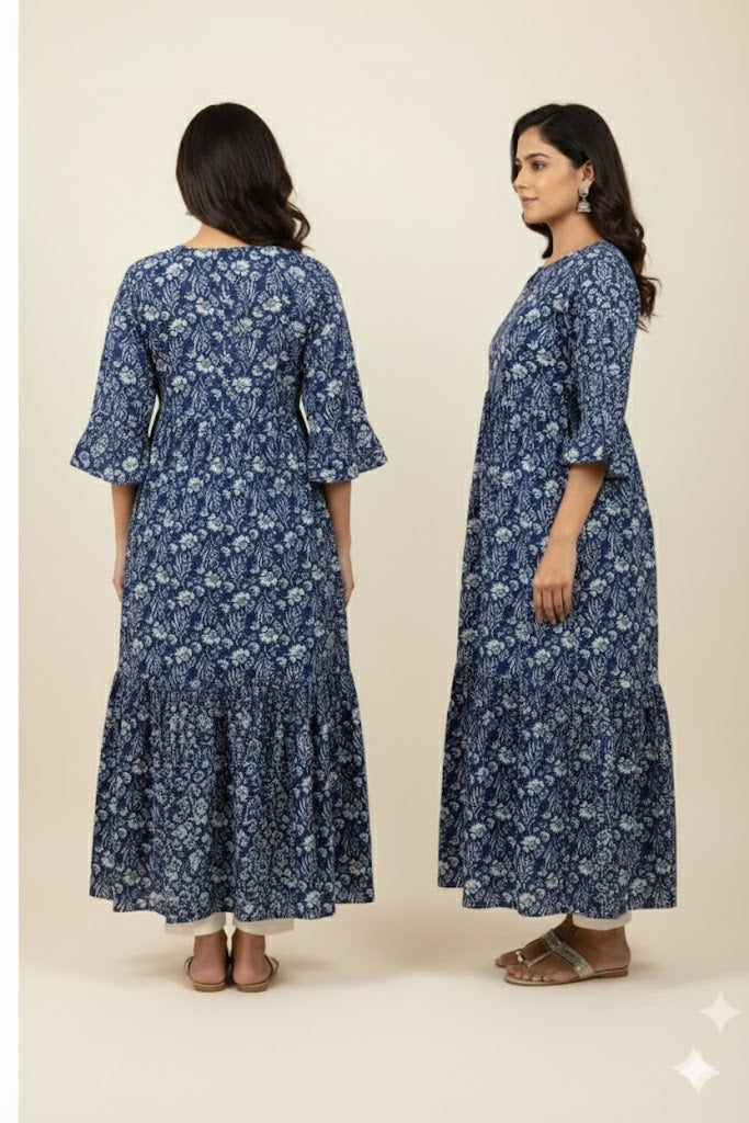 Cotton Indigo Blue Floral Print Tiered Gown with Pockets