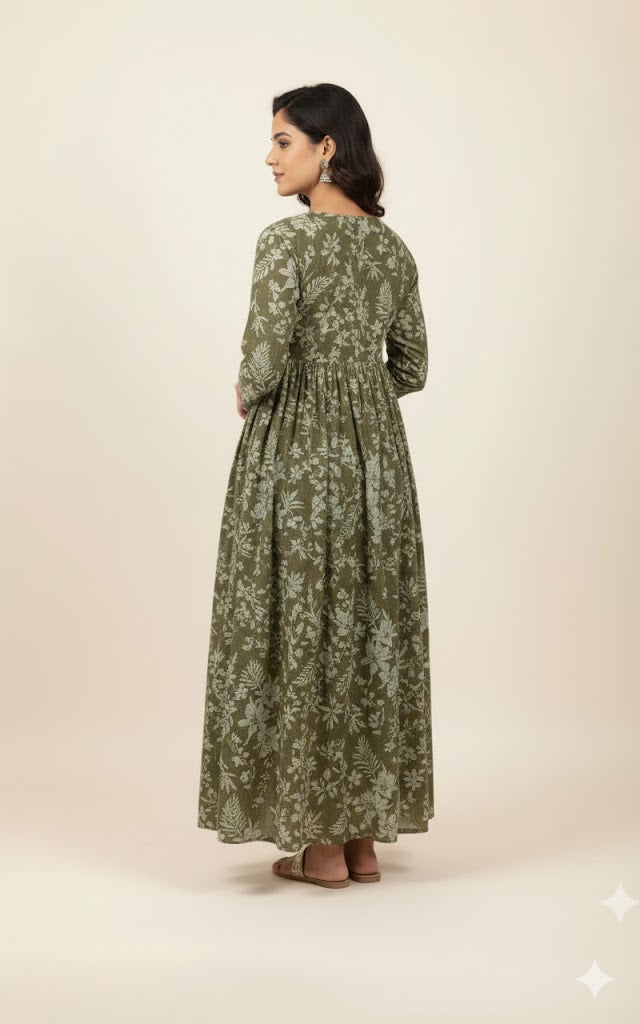 Pure Cotton Sage Green Botanical Print Gown
